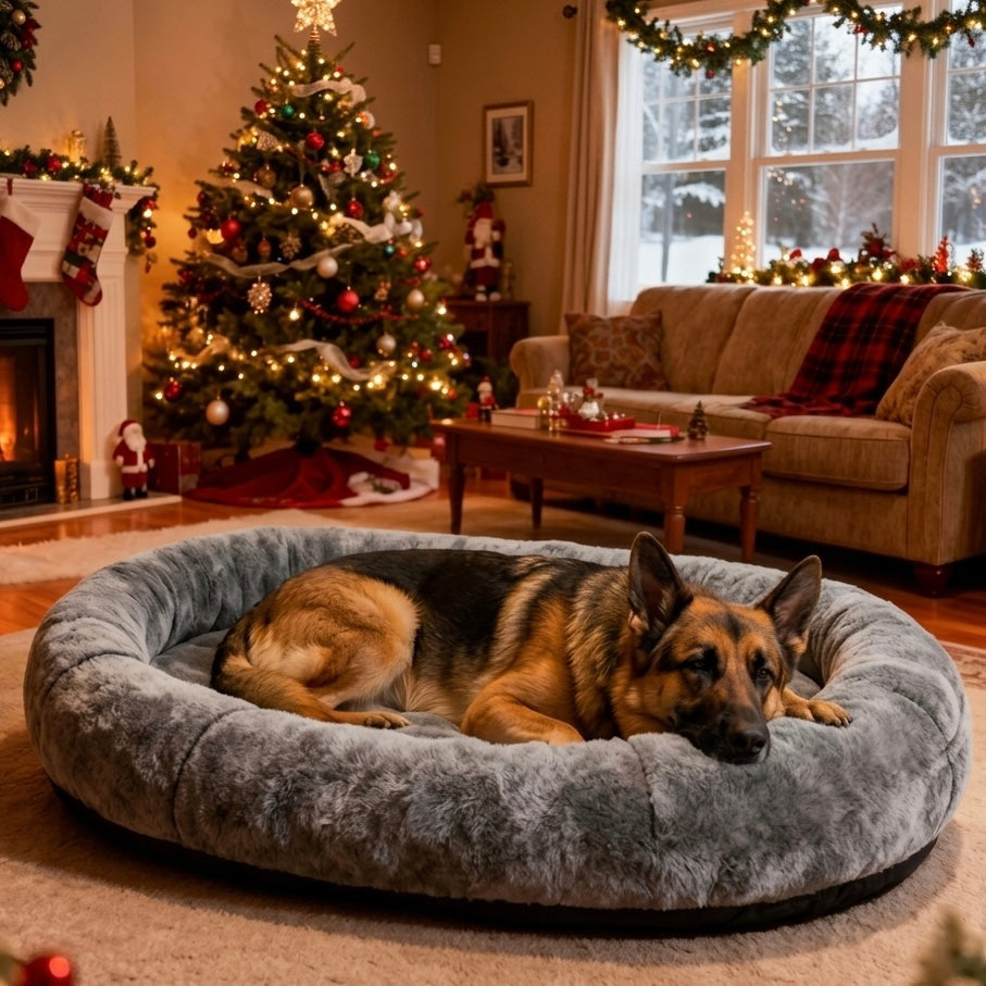 Large Dog Bed with Blanket Set | Plush Faux Fur Storage Pocket