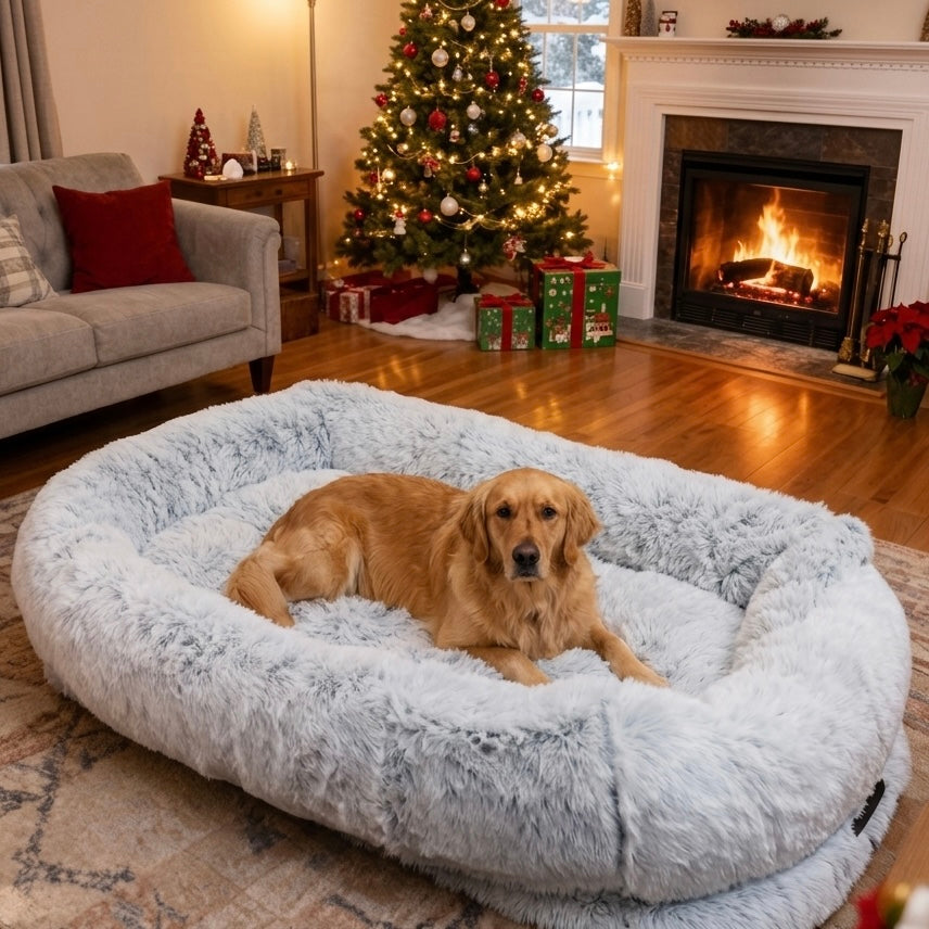 Large Dog Bed with Blanket Set | Plush Faux Fur Storage Pocket