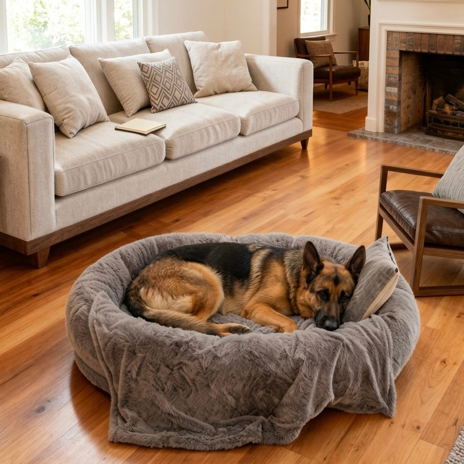 Large Dog Bed with Blanket Set | Plush Faux Fur Storage Pocket