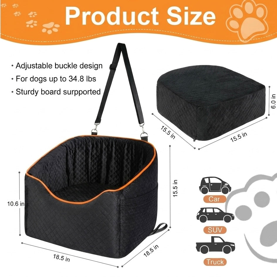 Elevated Dog Booster Car Seat | Safety Belt Attachment & Quilted