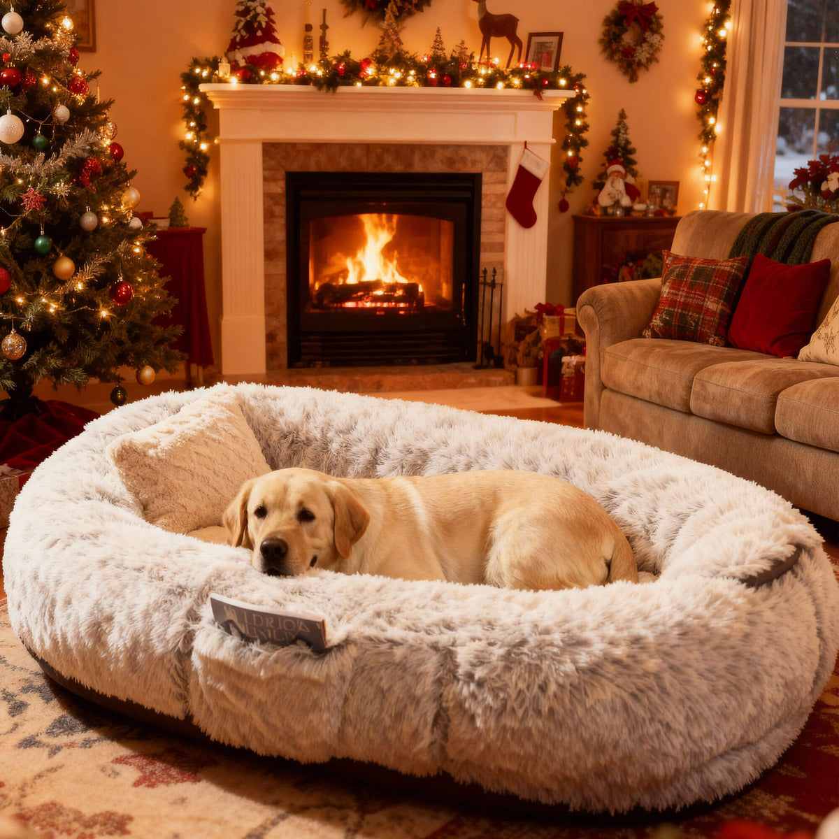 Large Dog Bed with Blanket Set | Plush Faux Fur Storage Pocket