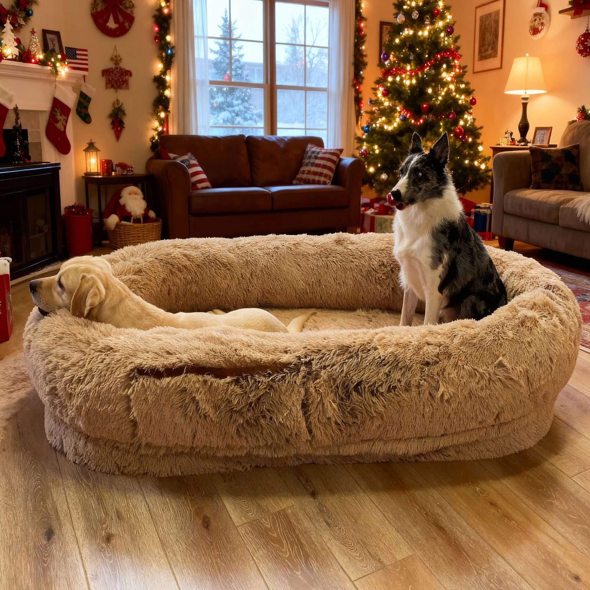 Large Dog Bed with Blanket Set | Plush Faux Fur Storage Pocket