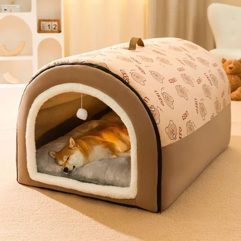 Cave-Style Dog Bed House with Washable Mat