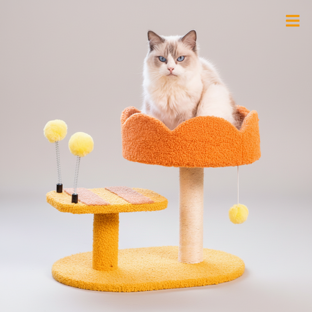 Cat Perch Station with Sisal Scratcher & Spring Toy | Flower Bowl Nest