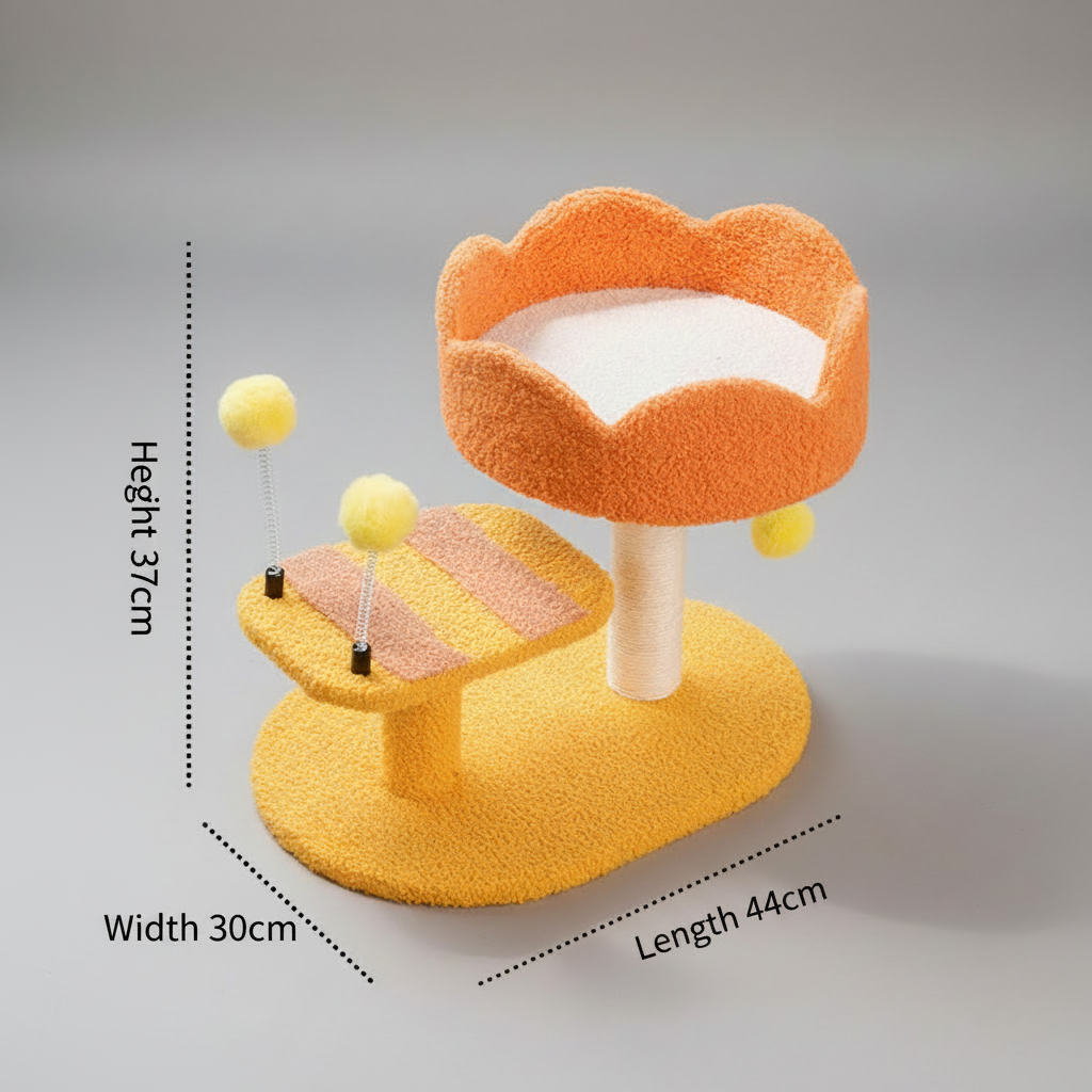 Cat Perch Station with Sisal Scratcher & Spring Toy | Flower Bowl Nest