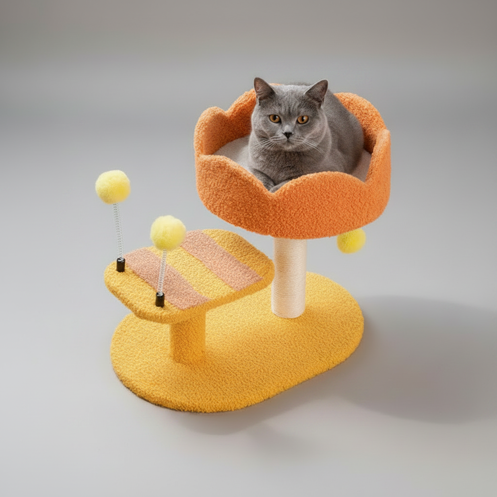 Cat Perch Station with Sisal Scratcher & Spring Toy | Flower Bowl Nest