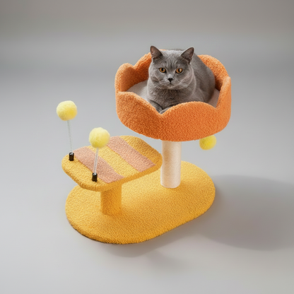 Cat Perch Station with Sisal Scratcher & Spring Toy | Flower Bowl Nest