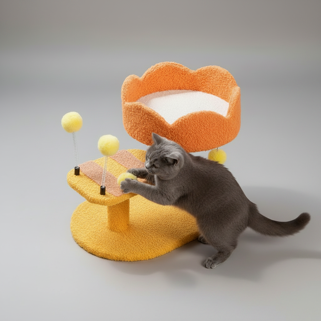 Cat Perch Station with Sisal Scratcher & Spring Toy | Flower Bowl Nest