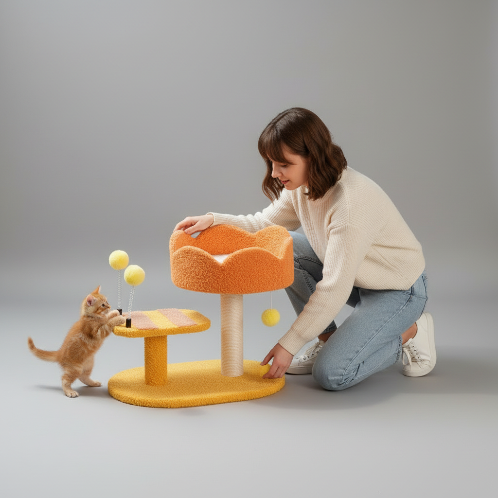 Cat Perch Station with Sisal Scratcher & Spring Toy | Flower Bowl Nest