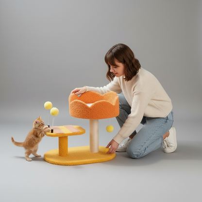 Cat Perch Station with Sisal Scratcher & Spring Toy | Flower Bowl Nest