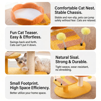 Cat Perch Station with Sisal Scratcher & Spring Toy | Flower Bowl Nest