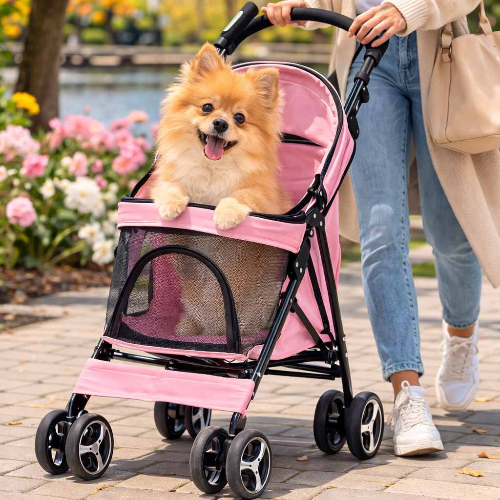 Foldable Pet Stroller for Small Dogs & Cats | 360° Wheels