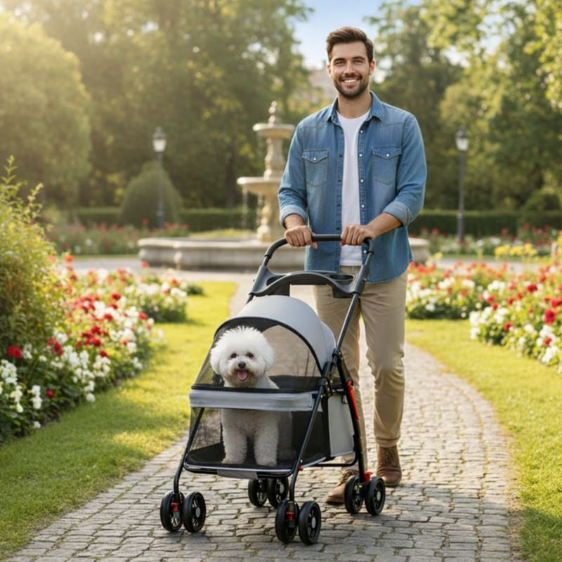 Foldable Pet Stroller for Small Dogs & Cats | 360° Wheels
